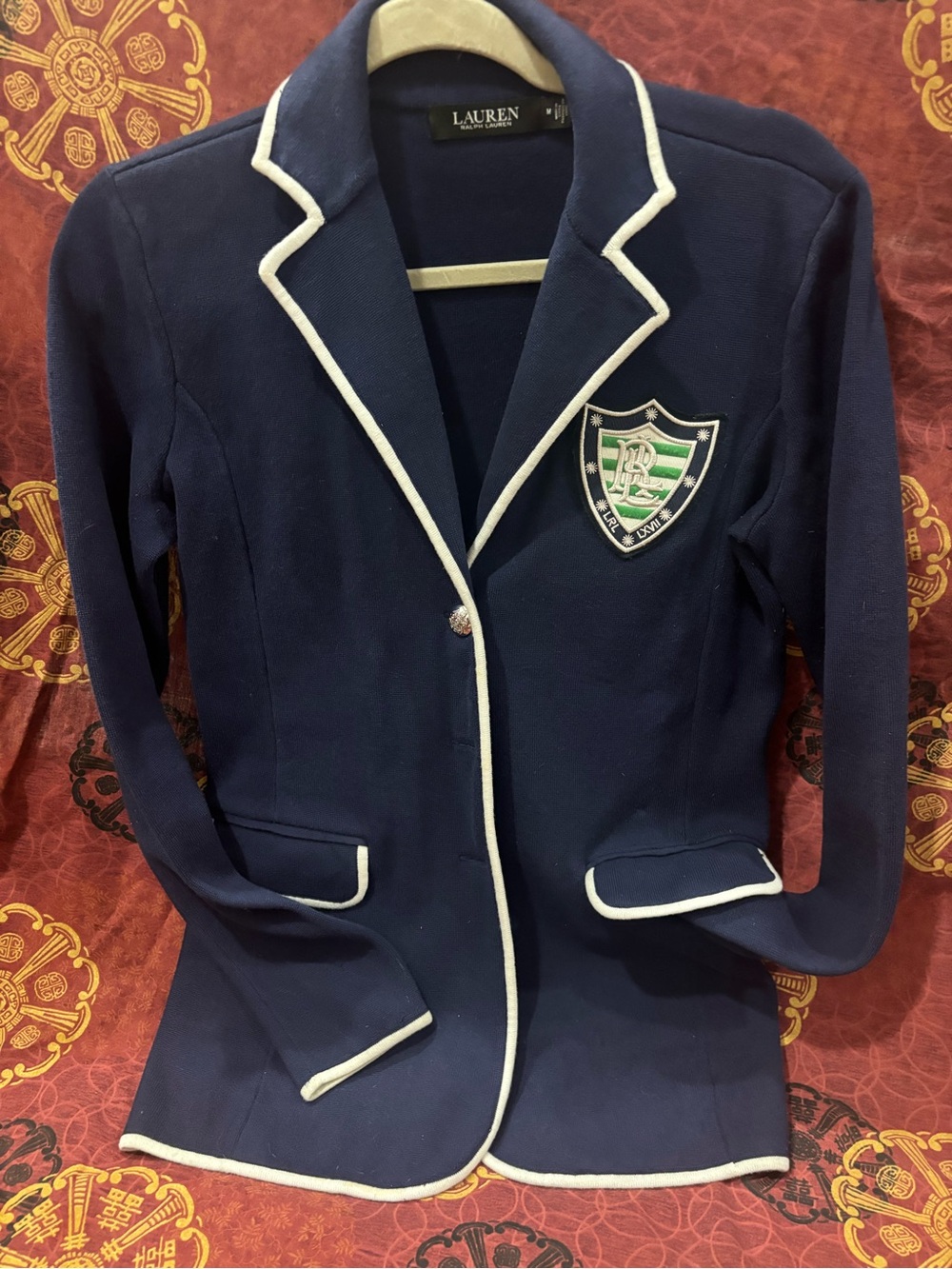 Lauren Ralph Lauren Navy Blazer with White Piping and Crest Patch